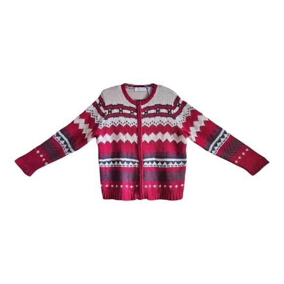 VALERIE STEVENS Women Petite L PL Cardigan Sweater Zip Red Gray Wool Angora 42" - Picture 1 of 6